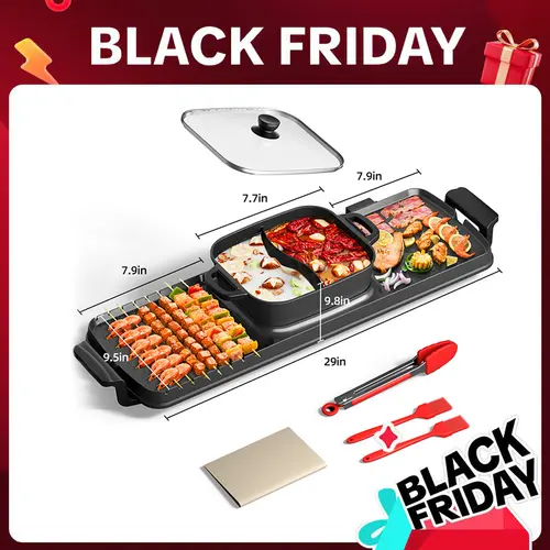 AORAN KITCHEN 2 in 1 Tabletop Combo Grill and Hot Pot - Nonstick Surface, Portable All Purpose Grilling Appliance, Safety First for Holidays, Indoor BBQ Asador de Carne