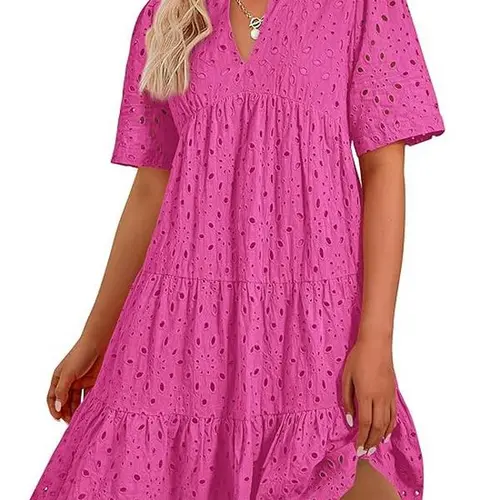 BTFBM Women's Boho Summer Dresses 2026 Resort V Neck Short Sleeve Hollow Out Lace Ruffle Casual Beach Mini Vacation Dress #Outdoorfun