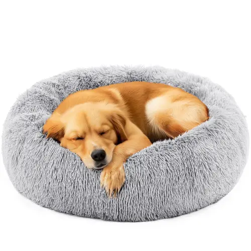Plush Faux Fur Calming Donut Puppy & Cat Bed - Anti-Anxiety Curlup Bolster, Waterproof, Anti-Slip, Brown, 20×20×8 In (for Small Dogs), Puppy Bed