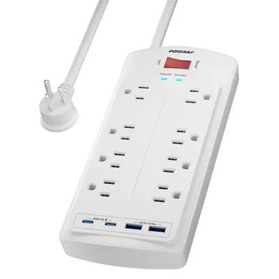 POWSAF Surge Protector Power Strip 5Ft Flat Plug with 8 Outlets 2 USB-C 20W Fast Charging 2 USB-A Ports 2700 Joules Chargeable White summerwins