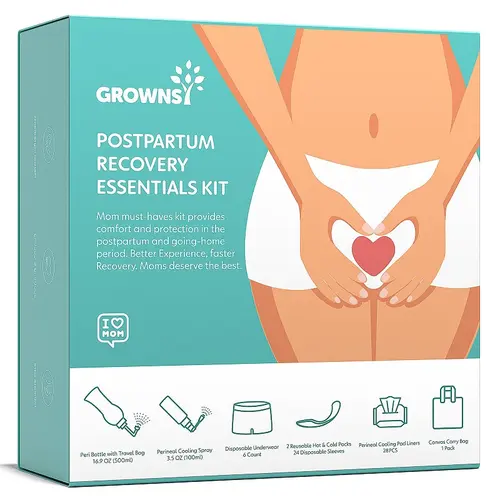 Grownsy Postpartum Essentials Recovery Kit, Labor Delivery Mom Care Set, Includes Upside Down Peri Bottle, Perineal Spray, Cooling Pad Liners, Ice Packs & Disposable UnderwearKit