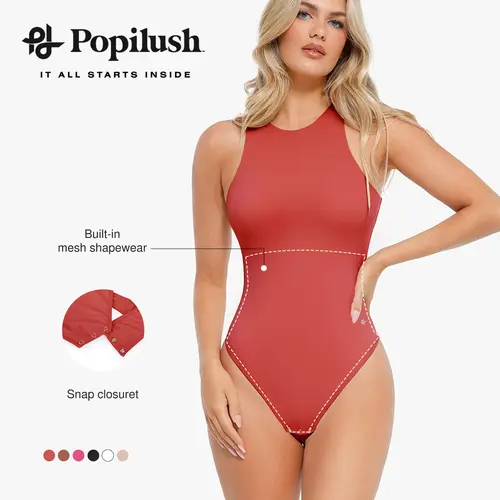 Popilush Body Suits for Women - Sleeveless Crew Neck Tank Top Tummy Control Shapewear Bodysuit - Going Out Tops Crewneck Womenswear-Creator Live