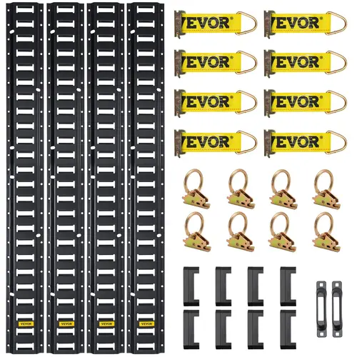 【toolupgrade】VEVOR E Track Tie-Down Rail Kit, 30PCS 5FT E-Tracks Set Includes 4 Steel Rails & 2 Single Slot & 8 O Rings & 8 Tie-Offs w/D-Ring & 8 End Caps, Securing Accessories for Cargo, Motorcycles, and Bikes