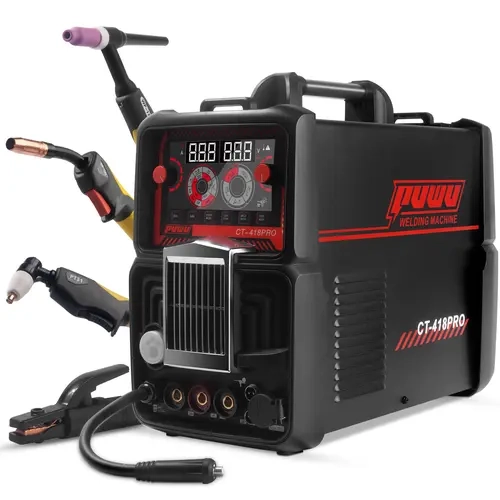 PUWU CT-418PRO Plasma Cutter Welder Gas MIG/Gasless MIG/HF TIG/Stick/CUT 5 in 1 Aluminum Welding Machine 110V/220V Dual Voltage IGBT Inverter LED Display MP200 Multi Process Welder with Accessories, Portable Welding Machine, Multiprocess Welding Machine