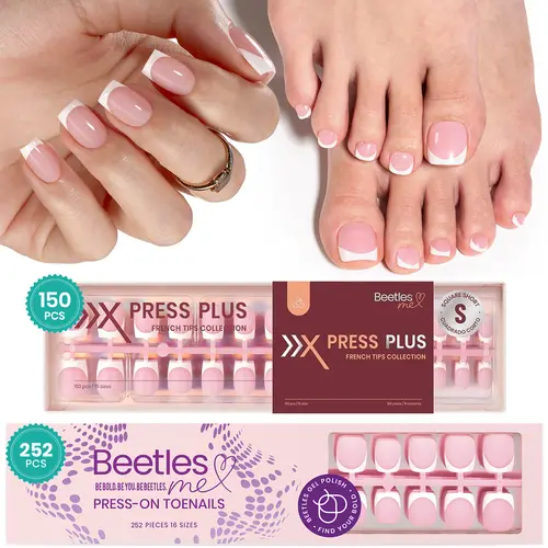 Beetles French Tip Press On Nails French Gel Nail No File Need Fake Nails No Glue Included 4-in-1 DIY Manicure for Nail Extension Designs for Women