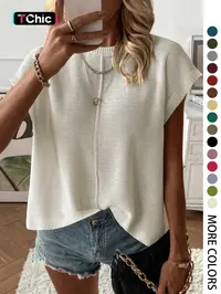 Women's Casual Knit Top, French Style Commuter Tee, Lightweight Breathable Round Neck, Solid Color, Hollow Out Design, Loose Fit, Spring & Summer, Knitwear