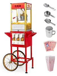 ROVSUN Cart-Mounted Popcorn Popper Machine with Wheels, 8/10 Oz Kettle (Makes Up to 32 Cups), Candy Dispensers, Stainless Steel Scoop, Oil Spoon & 3 Cups for Home & Commercial Movie Theater Use, Makes Popcorn