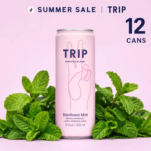 TRIP Elderflower Mint Magnesium Sparkling Drink — 120mg Magnesium, Ashwagandha, Lion's Mane, L-Theanine, Non-Alcoholic, Low Calorie, Vegan (12-Pack, 12oz)