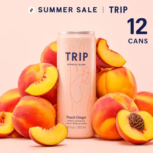 TRIP Peach Ginger Sparkling Magnesium Drink — 120mg Magnesium, Ashwagandha, Lion's Mane, L-Theanine, Non-Alcoholic, Low Calorie, Vegan (12-Pack, 12oz)
