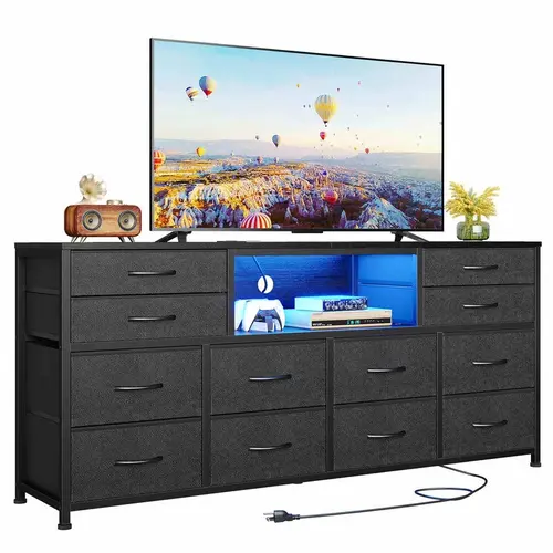 Sikaic 55 Inch LED TV Stand Dresser with Power Outlets & 12 Drawers PU Leather Storage Organizer for Living Room Modern Design Furniture - Organizing, Home Furniture Christmas Gifts [SohoChic]