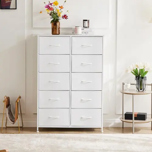 Sweetcrispy 10-Drawer Tall Modern Fabric Vertical Bedroom Dresser - Sturdy Wood-Top Freestanding Organizer with Adjustable Legs, Quick Setup for Bedroom Storage, Space Organizing, Storage Upgrade (Nursery Solution)