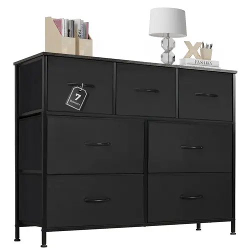 【Deal】Sweetcrispy Sturdy Black Fabric Drawer Storage Dresser - 7-Drawer (4+3 Zones) with Steel Base, Modern Bedroom Dresser, 45" TV Ready Sideboard, Nursery Small Room Entryway Storage Cabinet