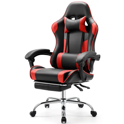 Sweetcrispy Modern Iron Metal Waterproof Gaming Chair - Ergonomic PU Leather Office Recliner with Footrest, Headrest, Fixed-Up Armrest, Height Adjustability and 360° Swivel