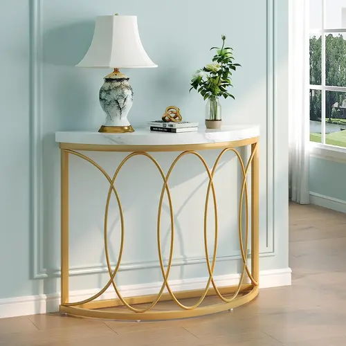 Spaco Faux Marble Half Moon Console Table - 43" Modern Multi-Purpose, Slimline, Streamlined, Stylish, Lounge Pedestal Table, Indoor Furniture for Sofa Entryway, Multi-Purpose Pedestal Tables, Slimline Pedestal Tables,dorm essentials,home decor