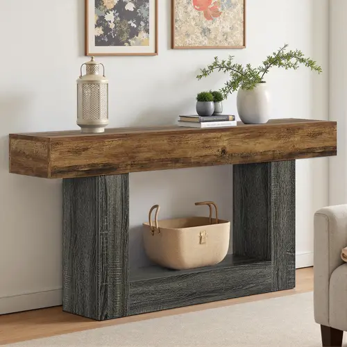 Spaco 63-Inch 2-Tier Farmhouse Rectangular Pedestal Rustic Wood Table - Console Table Entryway, Tabletop Storage, Furniture Living Room, Living Room Decor, Indoor Accent Piece, 2-Tier Living Room Furniture