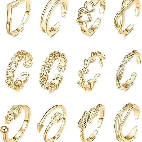 12PCS Women's 14K Gold Plated Toe Rings with Adjustable, Open, Silver, Heart, Arrow, Infinity, Beach and Summer Jewelry for Women