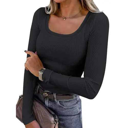 ANRABESS Women's Long Sleeve Tops Casual Scoop Neck Ribbed Knit Slim Fitted Basic Tee Shirts Trendy Spring Outfits Minimalist Comfort Tube Tops Black Womenswear