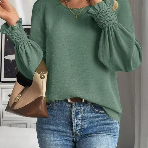 Women's Plain Basic Fitted Woven Blouse Shirts, Casual Round Neck Long Sleeve Top for Spring & Fall, Women's Clothing for Daily Wear