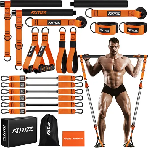 Pilates Bar Kit with Resistance Bands & Fitness Training Straps, Heavy-Duty for Reps, Abdominal Exercise Pilates Equipment for Men, Portable Home Gym for Full Body Strength Training, Adjustable Handles Strap