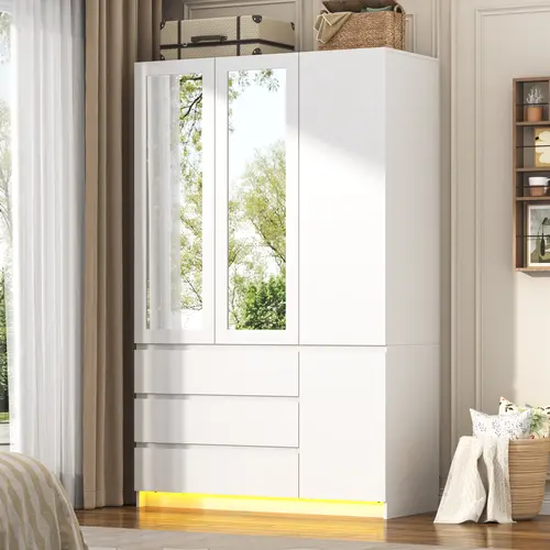 75" Wooden Freestanding Wardrobe Armoire with Mirror - 3/4 Doors, 3 Compartments, Adjustable Shelves, Hanging Rod, Drawers, LED Storage Cabinet, Wooden Bedroom Armoires for Bedroom Clothes Organization