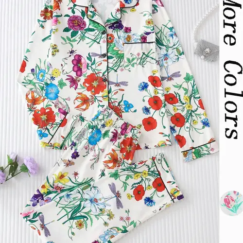 Women's All Over Floral Print Button Front Pocket Shirt & Elastic Waist Pants Pyjama Set, Casual Comfy Two-piece Pj Set, Matching Pj Set, Ladies Sleepwear for All Seasons Pajama Set, Casual Fitted Pajamas, Loungewear, Loungewear Sets