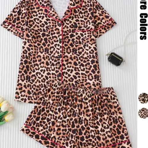 Women's Leopard Print Lapel Neck Pocket Shirt & Elastic Waist Shorts Pajama Two-piece Set, Casual Comfy Short Sleeve Button Up Top & Shorts Set, Ladies Summer Sleepwear, Loungewear, Pyjamas
