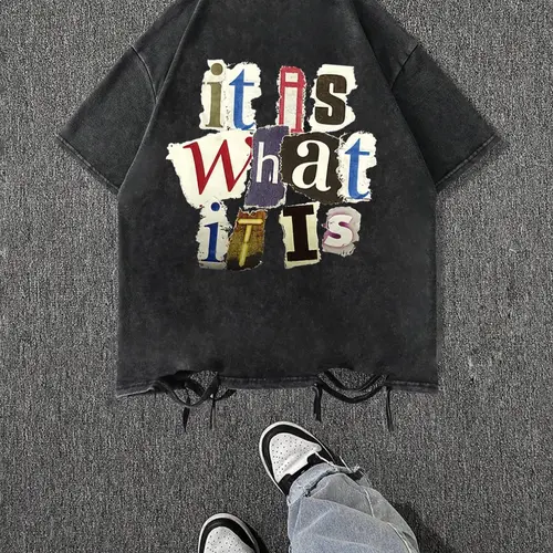 Men's Cartoon Letter Print Short Sleeve Tee, Regular Fit Casual Street Soft Comfy Round Neck Classic T-Shirt for Summer, Casual Style Tee, Menswear for Daily Wear, Top, Streetwear, Casual Summer Clothing