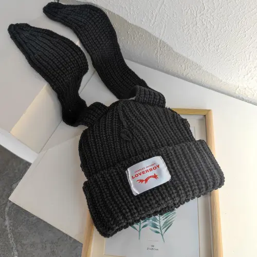 Korean Style Cute Bunny Long Ears Acrylic Knit Hat for Women, LOVERBOY Winter Warm Thickened Ear Protection Cold Weather Beanie Soft Fashionable
