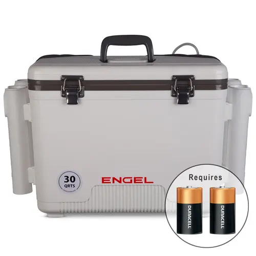 ENGEL 30 Qt Insulated Saltwater-Ready Injection-Molded Live Bait Drybox/Cooler with Rod Holders, All-New Pull Net