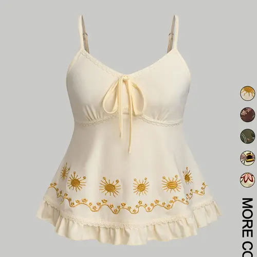 Women's Floral Embroidery Lace Trim Cami Top, Chic Casual Tie Front Top for Daily Wear, Summer Tops, Ladies Clothes for Summer, Spaghetti Strap Womenswear, Elegant Sleeveless Top, Elegant Comfy Cami