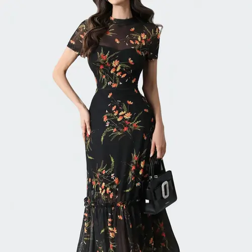 Women's Floral Print Tulle Dress, Mock Neck Long Sleeve Ruffle Trim Dress for Party Holiday Wedding Guest, Ladies Crewneck Clothes for All Seasons, Formal Dresses Women, Floral Mother Of The Bride Dresses, Wedding Guest Gown