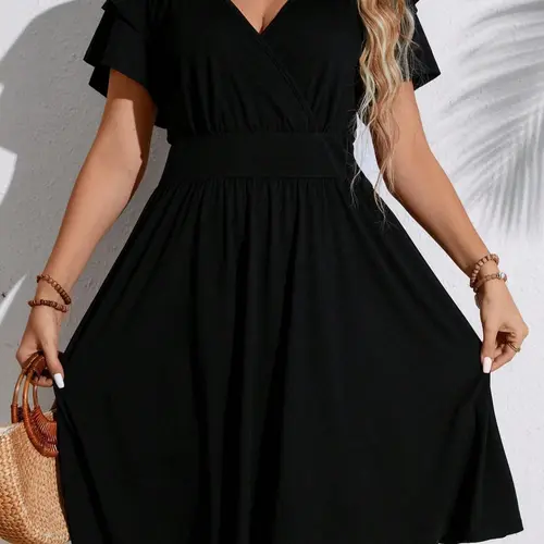 [Plus Size] Solid Color Casual V Neck Dress, Fashion Elegant Flattering Dress for Wedding Guest, Women's Summer Clothing