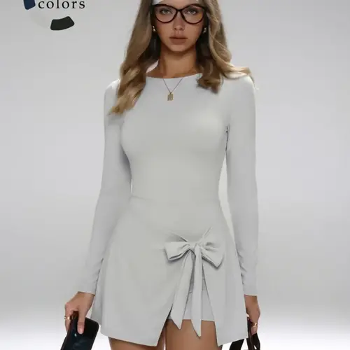 Summer Fitness Two-Piece Long Sleeve Sports Dress, Sporty Dress, Sexy Split Back Tie U-Back Tennis Skirt, Women's Golf Tennis Dress, Tennis Athletic Dress, Tennis Workout Dress, Workout Athletic Dresses, Tennis Attire, Workout Exercise Dress