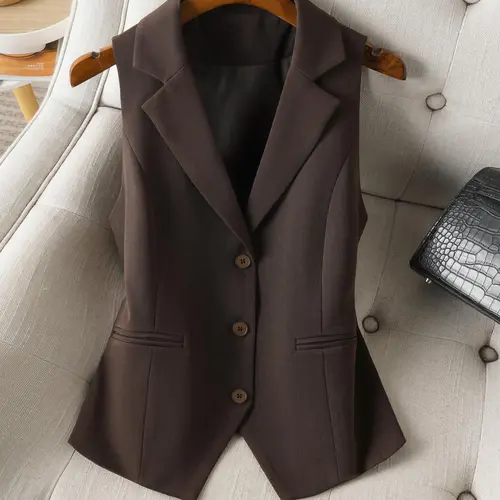 Women's Chelsea Collar Gilet, Plain Button Front, Fitted Short Vest, Suit Vest Tops, Spring & Fall Business Wear Formal Wear, Minimalist Style, Practical Pockets, Business Attire Clothes