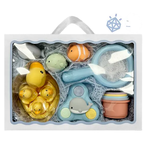 Jool Baby Bathtime Adventure 15-pc Gift Set with Bath Toys Floating Ducks & Sensory Fun for Baby Shower Includes 3 Mama & 3 Baby Ducks 3 Squirters 5 Cups & Fidget Toy Bathtoy