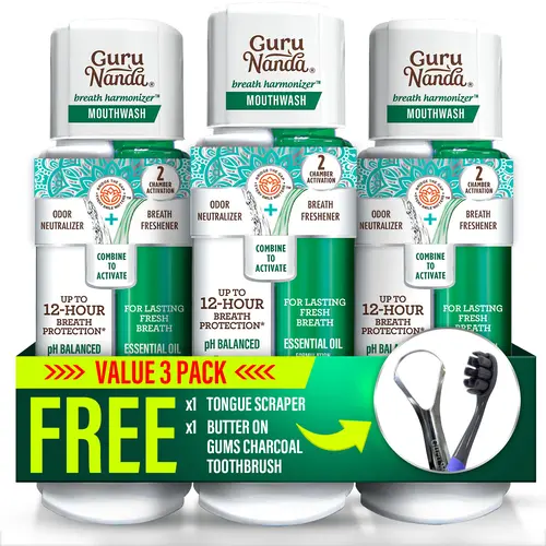 GuruNanda Dual Barrel Breath Harmonizer Mouthwash with Sodium Chlorite & Essential Oils, Freshens Breath, Alcohol & Fluoride Free, Wild Mint Flavor, 20 fl oz, 3 Pack