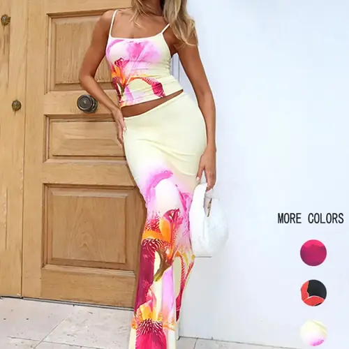 Women's Floral Print Knit Cami Top & Skirt Two-Piece Set, Casual Sleeveless Summer Outdoor Matching Outfit for Beach and Holiday, Womenswear, Casual Everyday Set