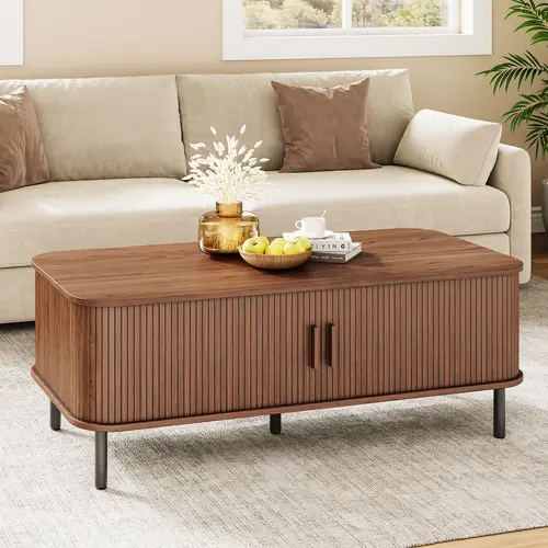 【DealsforYou】ONBRILL Fluted Coffee Table with Storage, 47.2" Mid Century Modern Coffee Tables for Living Room, Rectangle Wood Center Table with Sliding Tambour Door & Adjustable Leg for Living Room,Bedroom Furniture