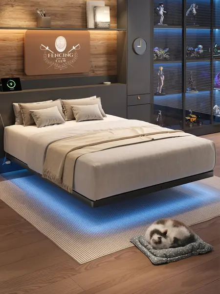 【DealsforYou】ONBRILL LED Floating Bed Frame, Full/Twin/Queen/King Bed Frame with Power Outlet, Heavy Duty Metal Platform Bed Frame, Camas Queen, Easy Assembly, No Box Spring Needed, Noise-Free, Bedroom Furniture
