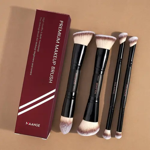 Professional Facial Double-ended Makeup Brushes Set, Face Makeup Brushes, 4pcs/set Foundation Brush & Contour Brush & Blush Brush & Powder Brush, Makeup Tools for Travel, Makeup Brushes