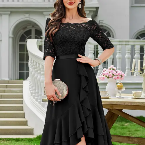 Miusol Women's Elegant Floral Chiffon 1-Shoulder Cocktail Dress - Formal Dresses for Women, Wedding Guest Pick with Ruffle Hem, Sheer Sleeve, Wedding Guest Dresses