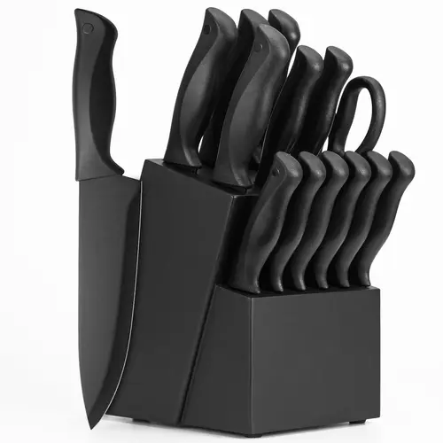 15-Pc Kitchen Knife Set with Built-In Sharpener Wood Block Storage, Black Steel-Coated Knives, Dishwasher Safe, Anti-Slip Grip Ergonomic Handle, 6 x 4.5" Serrated Steak Slicer - Essential Everyday Kitchenware