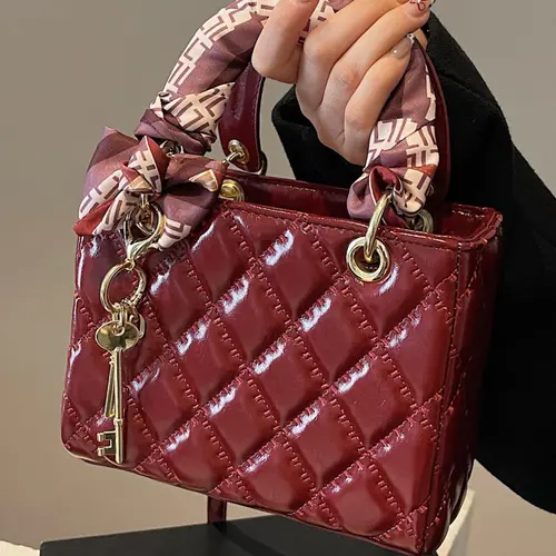 Women's Elegant Diamond Quilted PU Leather Handbag, Scarf Decorated Top Handle Crossbody Bag, Adjustable PU Strap, Trendy Versatile Bag for Daily Commute & Daily Use