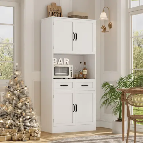 HOSTACK Tall Kitchen Pantry Storage Cabinet, Modern Kitchen Hutch Bar Cabinet with Microwave Stand, Wood Buffet Sideboard with Hutch, Cupboard with Drawers, Shelves