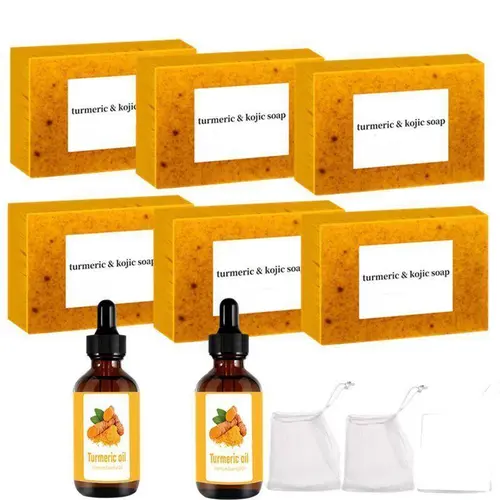 Scented Natural Turmeric Body Care Set - 6 Soaps, 2 Essential Oils, 2 Soap Savers, Daily Shower Products for Men & Women