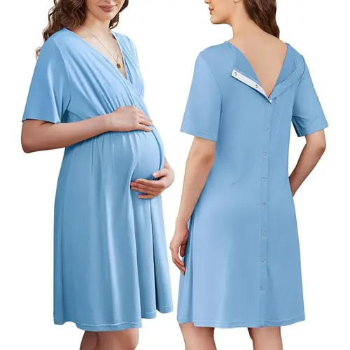 Ekouaer Women's Short Sleeve V-Neck Maternity Nursing Dress - Skin-Friendly Robe with Button Accents, Postpartum & Pregnancy Use (S-XXL) | Momlife Loungewear