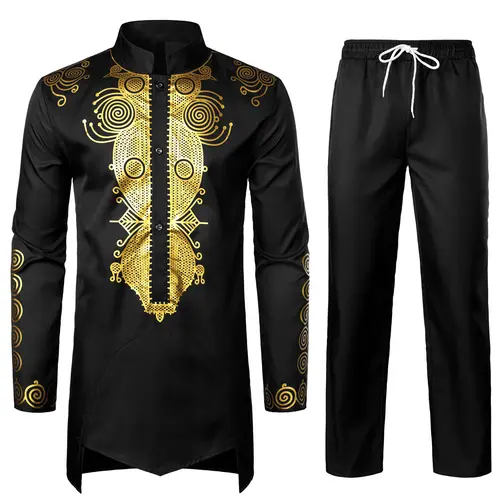 ZEROYAA Men's 2-Piece Traditional Africa Suit, Menswear Long-Sleeve Button-Down Bronzing Print Shirt & Pants Set with Pockets, Classic Soft Breathable Graphic Outfit