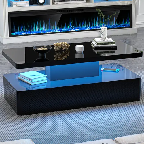 AHB Modern 2-Tier High Gloss Glass Top Rectangle Coffee Table - Black Indoor Living Room Furniture, Rounded Corners, 16-Color LED Lights, Hidden Power Supply, Contemporary Elevated Home Decor, Modern Coffee Table, #SohoChic