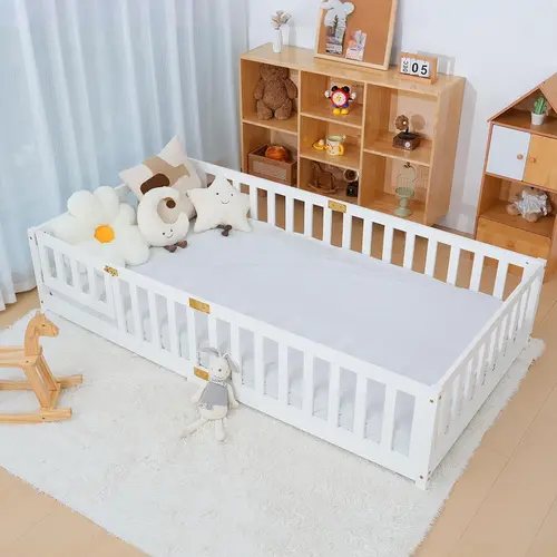 ABORON Twin Floor Bed for Kids-Twin Montessori Bed Frame with Wood Slats and Door and Slats, Wood Toddler Floor Bed for Girls and Boys, White