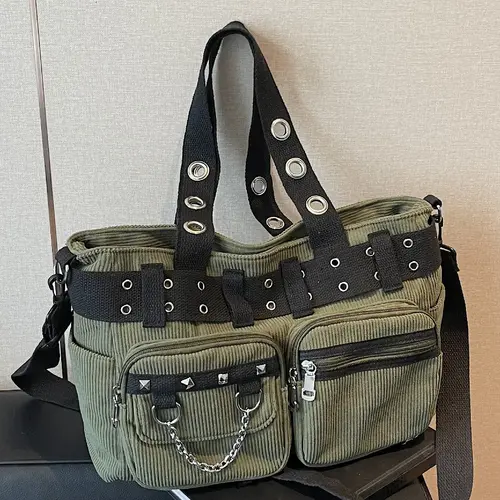Women's Punk-Style Studded & Chain Crossbody Bag, Multi-Pocket Shoulder Bag, Casual Trendy Versatile High-Quality Bag for Daily Commuting, Stylish Crossbody Purses